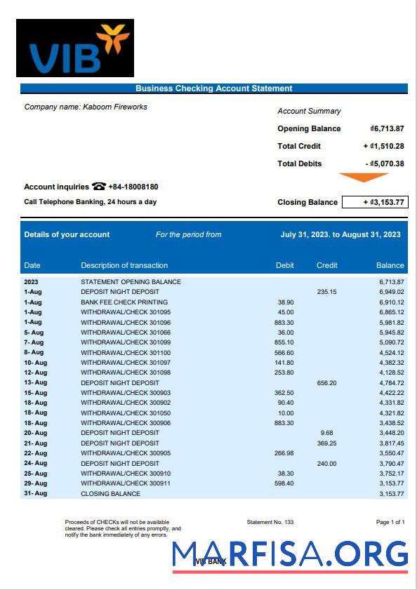 Downloadable VIB Bank business checking account statement Word and PDF template